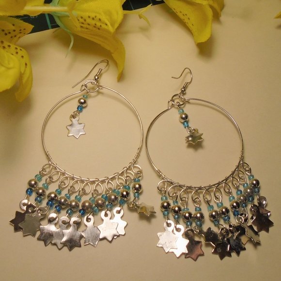 Handmade NEW Boho Dangle Seed Bead & Star Fringe earring, Dangle hoop earrings, - Picture 2 of 8